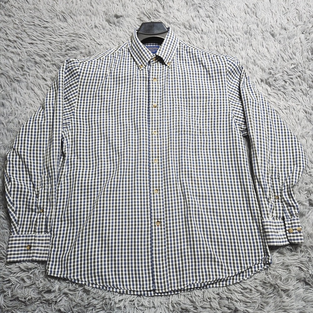 Pendleton Varsity Shirt Mens Large Blue‎ Green White Gingham Cotton Button Down